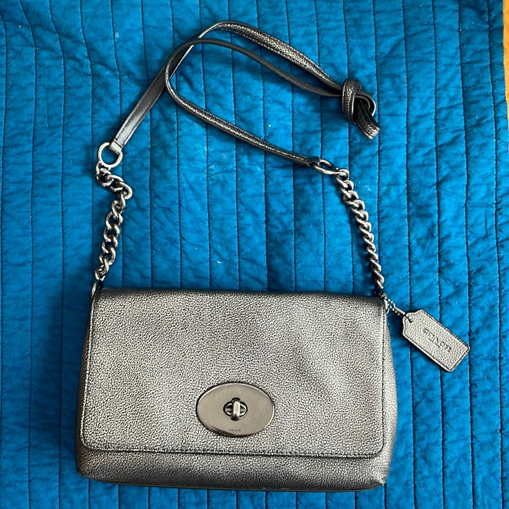 Coach bag. Metallic textured leather w/ gunmetal hardware. Shoulder or crossbody